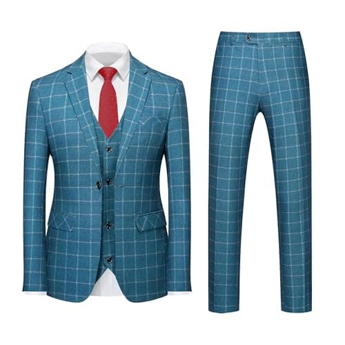 Mogue Men's 3-Piece Slim Fit Plaid Suit for Wedding, Prom, and Business