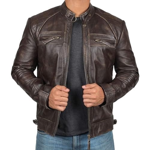 JEsilunmaMY Men's Distressed Punk Leather Jacket Vintage Motorcycle Bomber Coat
