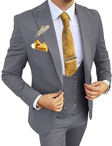 Wangyue Men's 3-Piece Slim Fit Double Breasted Suit for Business, Weddings & Proms