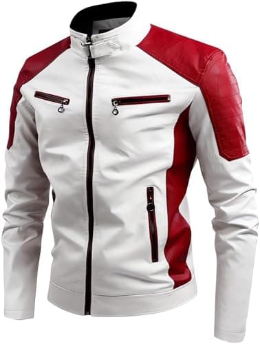 Mens Lightweight Color Block Faux Leather Racing Jacket Stand Collar