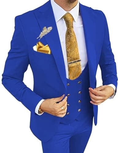 Wangyue Men's 3-Piece Slim Fit Double Breasted Suit for Business, Weddings & Proms