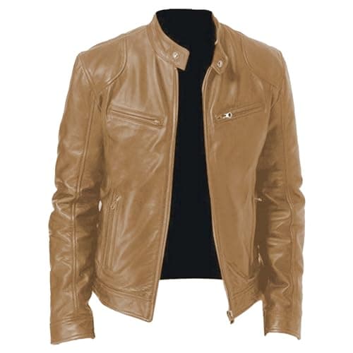 Men's Faux Leather Motorcycle Jacket with Stand Collar