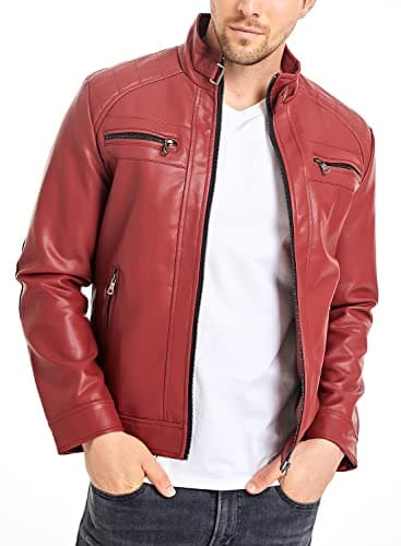 Men's Stand Collar Faux Leather Motorcycle Jacket by HOOD CREW
