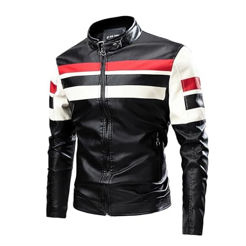 Mens Lightweight Color Block Faux Leather Racing Jacket Stand Collar