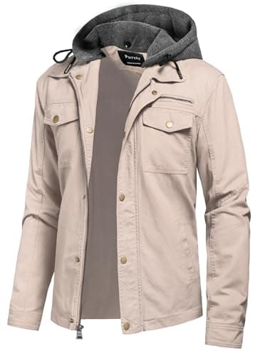 Pursky Men's Canvas Cotton Casual Field Jacket with Removable Hood