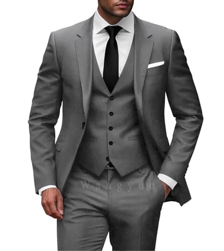 Wangyue Men Slim Fit 3-Piece Solid Wedding Suit Single Breasted Blazer Vest Pants Set