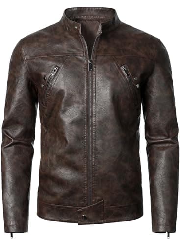 HOOD CREW Men's Lightweight Vintage Faux Leather Biker Jacket