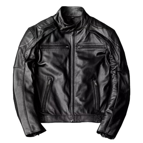 Men's Genuine Cowhide Motorcycle Jacket with Stand Collar