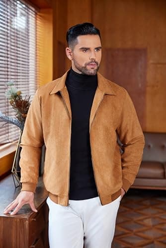 COOFANDY Men's Casual Lightweight Full Zip Up Faux Leather Bomber Jacket