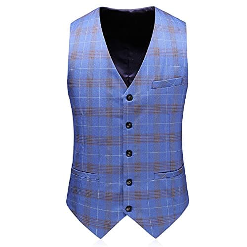 KUDORO Mens Slim Fit Double Breasted Plaid Suit Jacket-Vest Pants Set