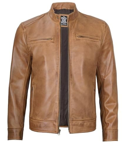 Decrum Mens Cafe Racer Style Real Lambskin Leather Jacket