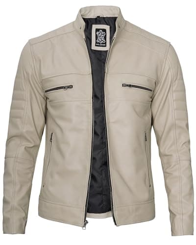 Cafe Racer Leather Jacket Men - Real Lambskin Natural Grain Motorcycle Jacket