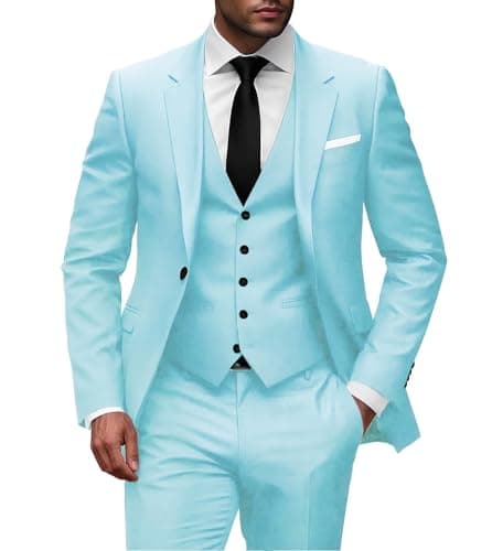 Wangyue Men Slim Fit 3-Piece Solid Wedding Suit Single Breasted Blazer Vest Pants Set