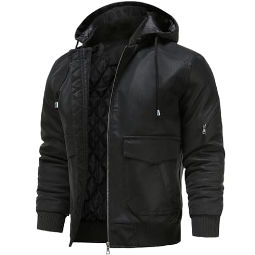 UNTMENU Men's Stand Collar Zip-Up Leather Motorcycle Jacket With Hood