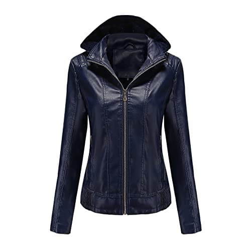 YMADREIG Women's Faux Leather Zip-Up Hooded Moto Jacket
