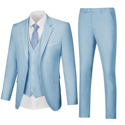 WOMS Mens Slim Fit 3 Piece Suit Set 2 Button Blazer Vest Pants