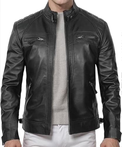 DECIMAL Men's Black Genuine Lambskin Leather Biker Jacket