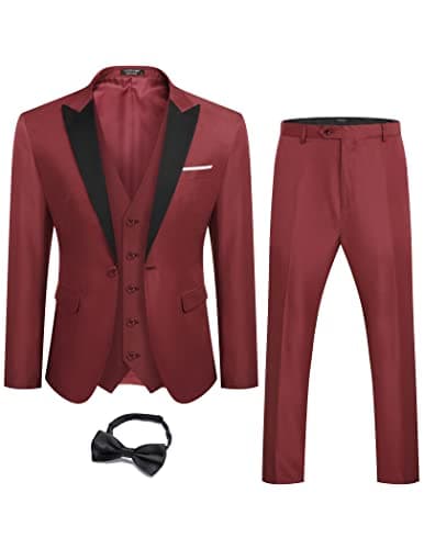 COOFANDY Men's Slim Fit Prom Tuxedo 3-Piece Suit with Blazer, Vest, Pants & Tie