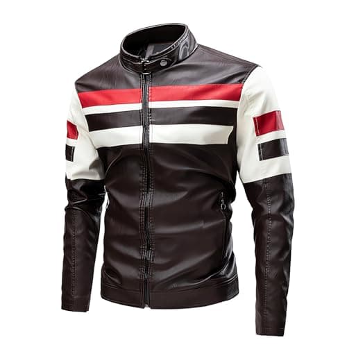 Mens Lightweight Color Block Faux Leather Racing Jacket Stand Collar