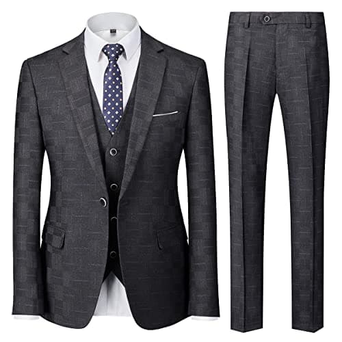 KUDMOL Mens Vintage Plaid Suit 3-Piece Casual Tuxedo for Weddings and Business Parties