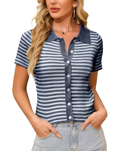 WULFUL Women's Short Sleeve Striped Pullover Cardigan Ribbed Knit V-Neck Top