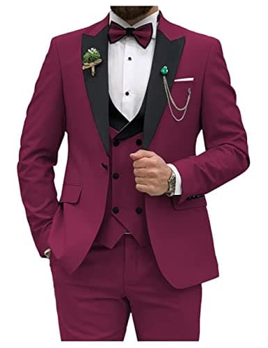 HUUTOE Men's Slim Fit Double Breasted Suit 3-Piece Wedding Prom Business Blazer Vest Pants Tie