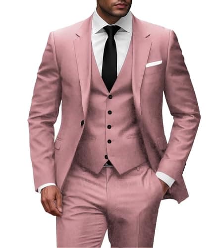 Wangyue Men Slim Fit 3-Piece Solid Wedding Suit Single Breasted Blazer Vest Pants Set
