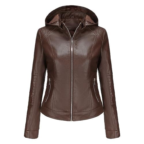 YMADREIG Women's Faux Leather Zip-Up Hooded Moto Jacket