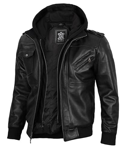 Blingsoul Men's Real Lambskin Leather Bomber Jacket With Hood