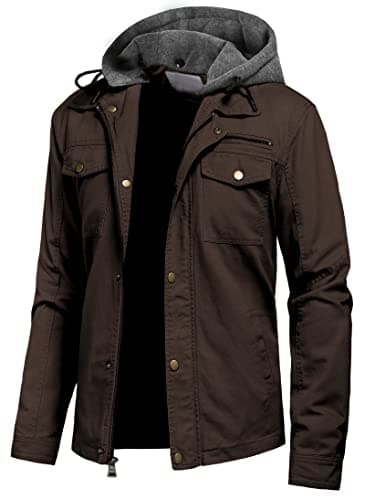 Pursky Men's Canvas Cotton Casual Field Jacket with Removable Hood