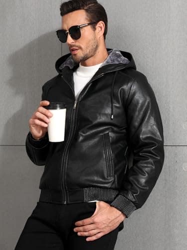 MANSDOUR Men's Warm Black Fleece Lined Motorcycle Jacket with Hood