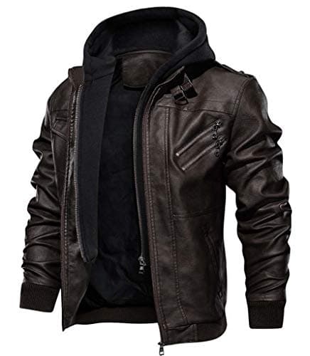 Men's Vintage Leather Motorcycle Jacket with Removable Hood