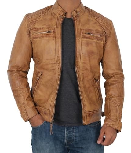 Fjackets Quilted Lambskin Leather Cafe Racer Jacket - Men's Zip Up Moto Jacket