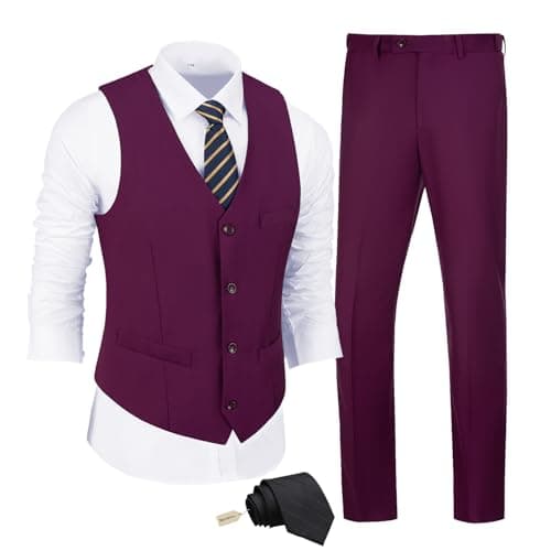 JPF Men's Slim Fit Suit Set - Solid Vest & Pants with Tie