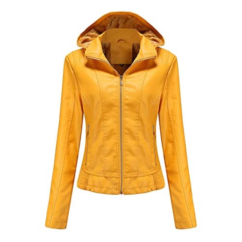YMADREIG Women's Faux Leather Zip-Up Hooded Moto Jacket