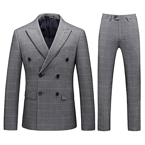 KUDORO Mens Slim Fit Double Breasted Plaid Suit Jacket-Vest Pants Set