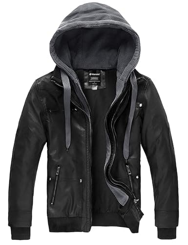 Wantdo Men's Faux Leather Casual Warm Hooded Winter Motorcycle Jacket