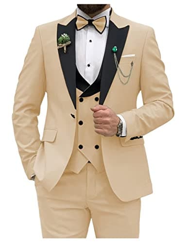 HUUTOE Men's Slim Fit Double Breasted Suit 3-Piece Wedding Prom Business Blazer Vest Pants Tie