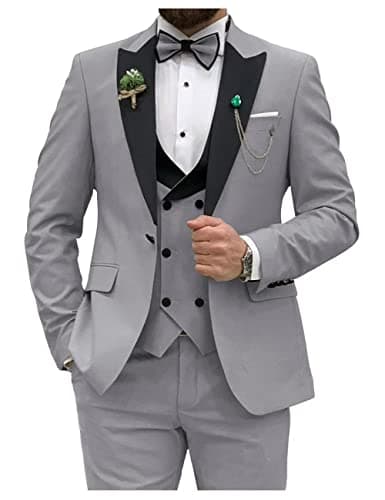 HUUTOE Men's Slim Fit Double Breasted Suit 3-Piece Wedding Prom Business Blazer Vest Pants Tie