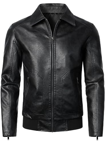HOOD CREW Men's Faux Leather Bomber Jacket Classic Motorcycle