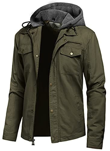Pursky Men's Canvas Cotton Casual Field Jacket with Removable Hood