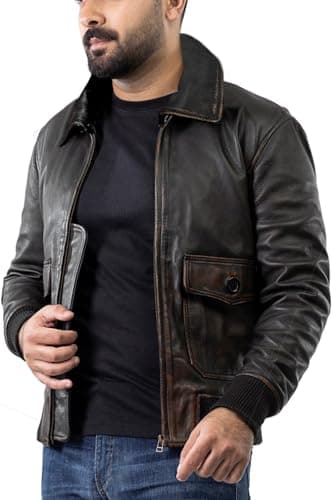 Vintage-Styled Mens Real Leather Biker Jacket with Distressed Exterior