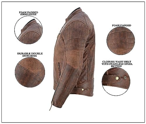 Men's Premium Leather Jacket for Motorbikes, Distressed Zip-Up Protection
