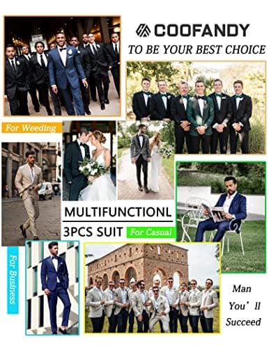 COOFANDY Men's Slim Fit Prom Tuxedo 3-Piece Suit with Blazer, Vest, Pants & Tie