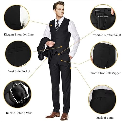Amyox Men's Slim Fit 3 Piece Business Wedding Tux Suit Set Jacket Vest Pants Tie