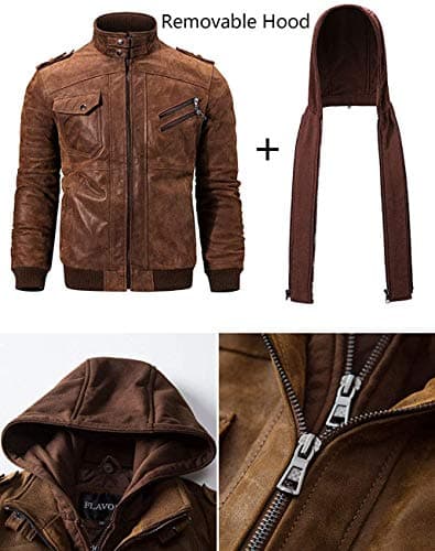 Men's Brown Leather Motorcycle Jacket with Removable Hood