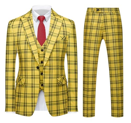 Mogue Men's 3-Piece Slim Fit Plaid Suit for Wedding, Prom, and Business
