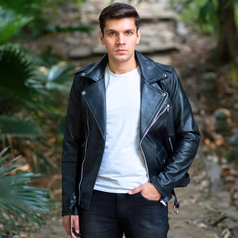 TLC Men's Notch Collar Leather Biker Jacket - Black with Zipper Cuff