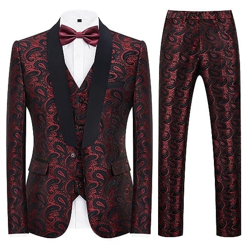 KUDMOL Mens Slim Fit Paisley Tuxedo Suit Prom Night One Button Blazer Vest Pants Set
