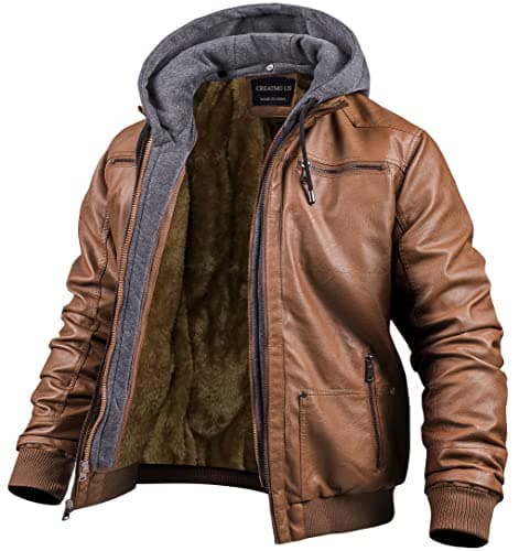 Men's Faux Leather Motorcycle Jacket with Removable Hood